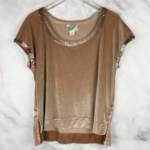 Lucky Brand Holly Hock Rose Gold Sequin-Trim Velvet Scoop Blouse Tee Top Boho M